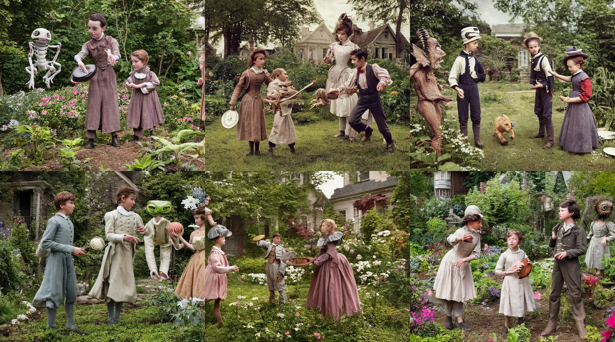 Prompt: detailed, sharp, a boy and a girl playing frisbee with their cute pet humanoid alien creature, wearing 1850s era clothes, in the garden of a house on an alien planet with strange alien plants and flowers growing, extremely highly detailed, in focus faces, 70 mm film still from a blockbuster period sci fi color movie, 4k, HD, cinematic lighting