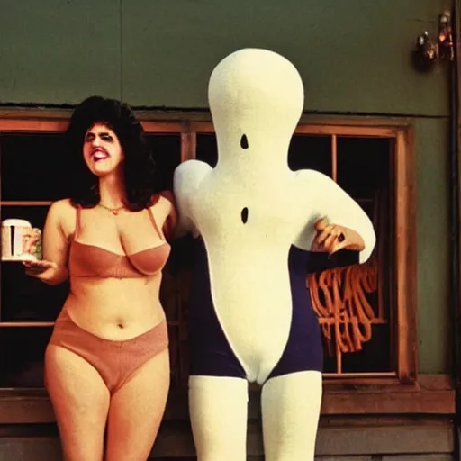 Prompt: 1976 color archival photo of a voluptuous woman and her friend, who has a head like Caspar the Friendly Ghost, in a sidewalk cafe, 16mm film soft color, earth tones and soft color 1976, live-action archival footage, in style of doris wishman russ meyer, woman looks like gilda radner