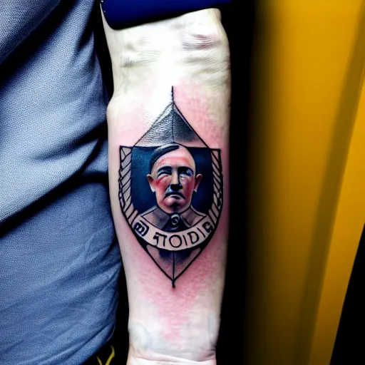 Image similar to tattoo of adolf hitler and coat of arms of ukraine many details, super realistic, high quality, 8 k