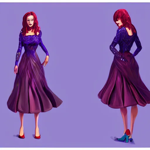 Prompt: a woman wearing a purple and blue dress, full body shot, red hair, highly detailed, digital painting, artstation, concept art, smooth, sharp focus, illustration