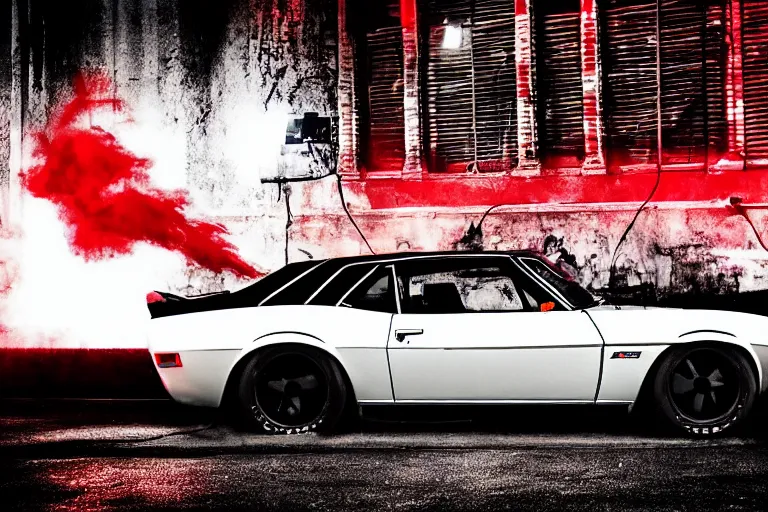 Image similar to audi camaro b 1 ( 1 9 6 9 ) drifting, need for speed : carbon, at night, neon lines, lviv historic centre, ultra phonk, phonk music background, smoke behind wheels, noise, dark, establishing shot