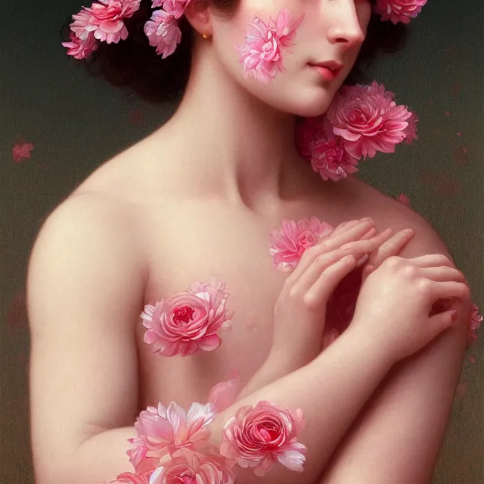 Prompt: a wonderful goddess with the skin made of pink petals, perfect hands, intricate, elegant, highly detailed, wonderful eyes, sweet, digital painting, artstation, concept art, smooth, sharp focus, illustration, art by artgerm and greg rutkowski and alphonse mucha and william - adolphe bouguereau