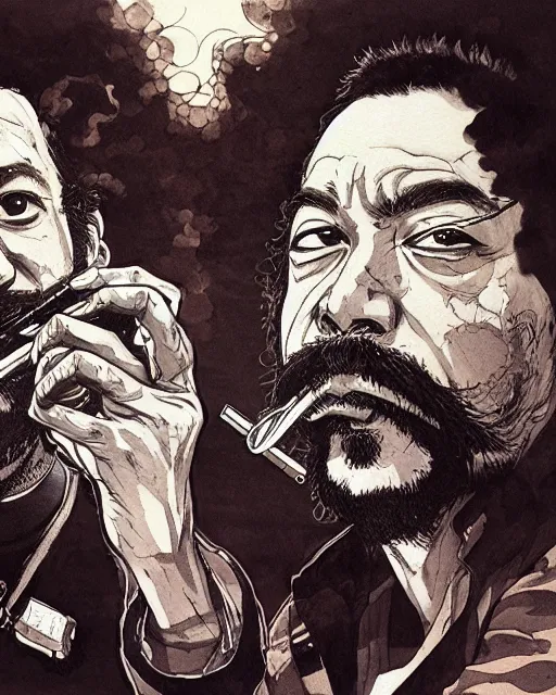 Image similar to portrait of cheech and chong smoking blunts, concept art, sumi - e style, intricate linework, artstation, trending, highly detailed, smooth, focus, art by yoji shinkawa,