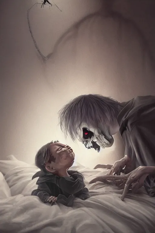 Prompt: photorealistic art of The grim reaper as a spider looming over a sleeping child\'s bed preparing to eat his soul, cinematic lighting, horror art, 8k, intricate detailing