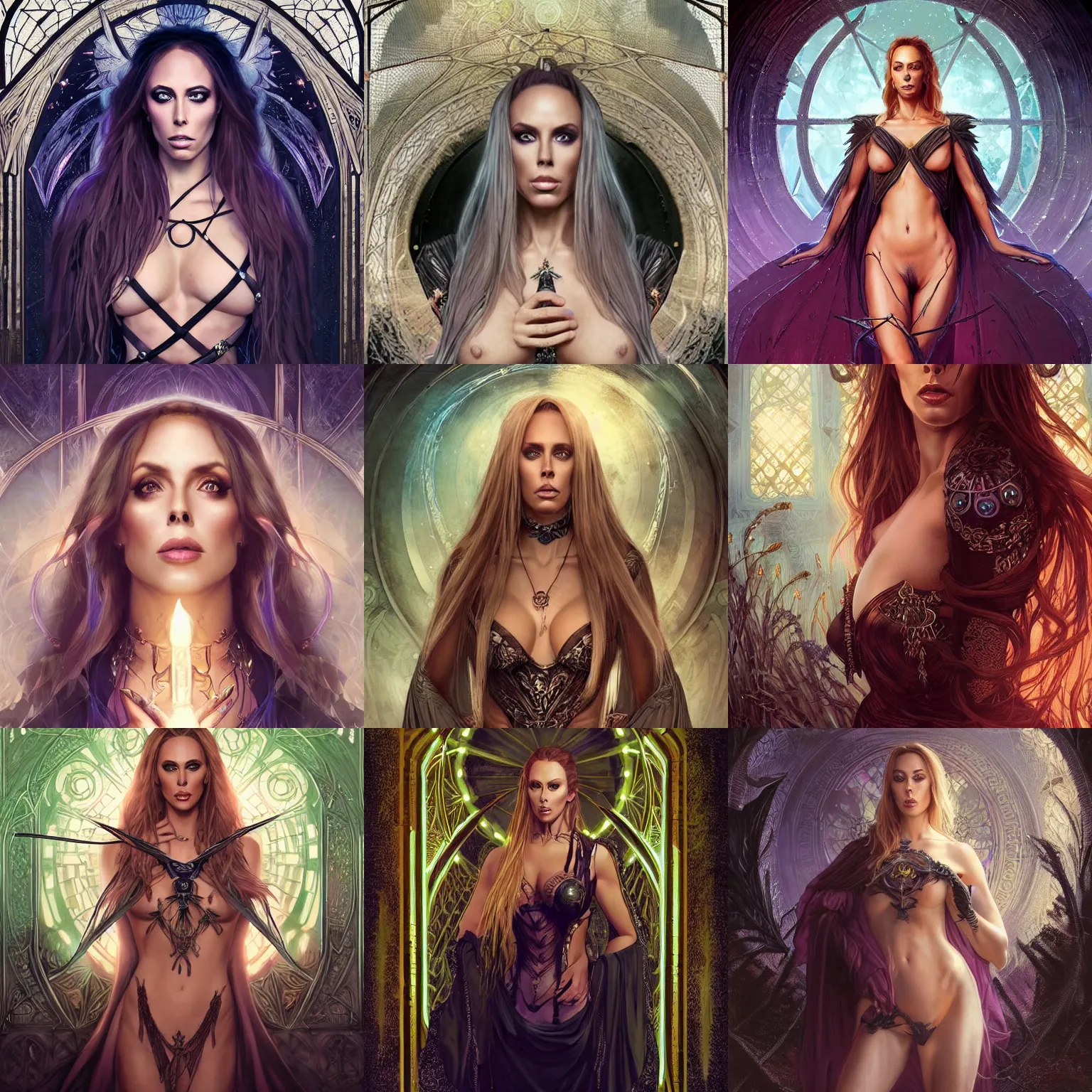 Prompt: Nicole Aniston as a Necromancer Sorceress in center, fantasy magic, undercut hairstyle, dark light night, intricate, elegant, sharp focus, illustration, highly detailed, digital painting, concept art, matte, art by WLOP and Artgerm and Greg Rutkowski and Alphonse Mucha, masterpiece