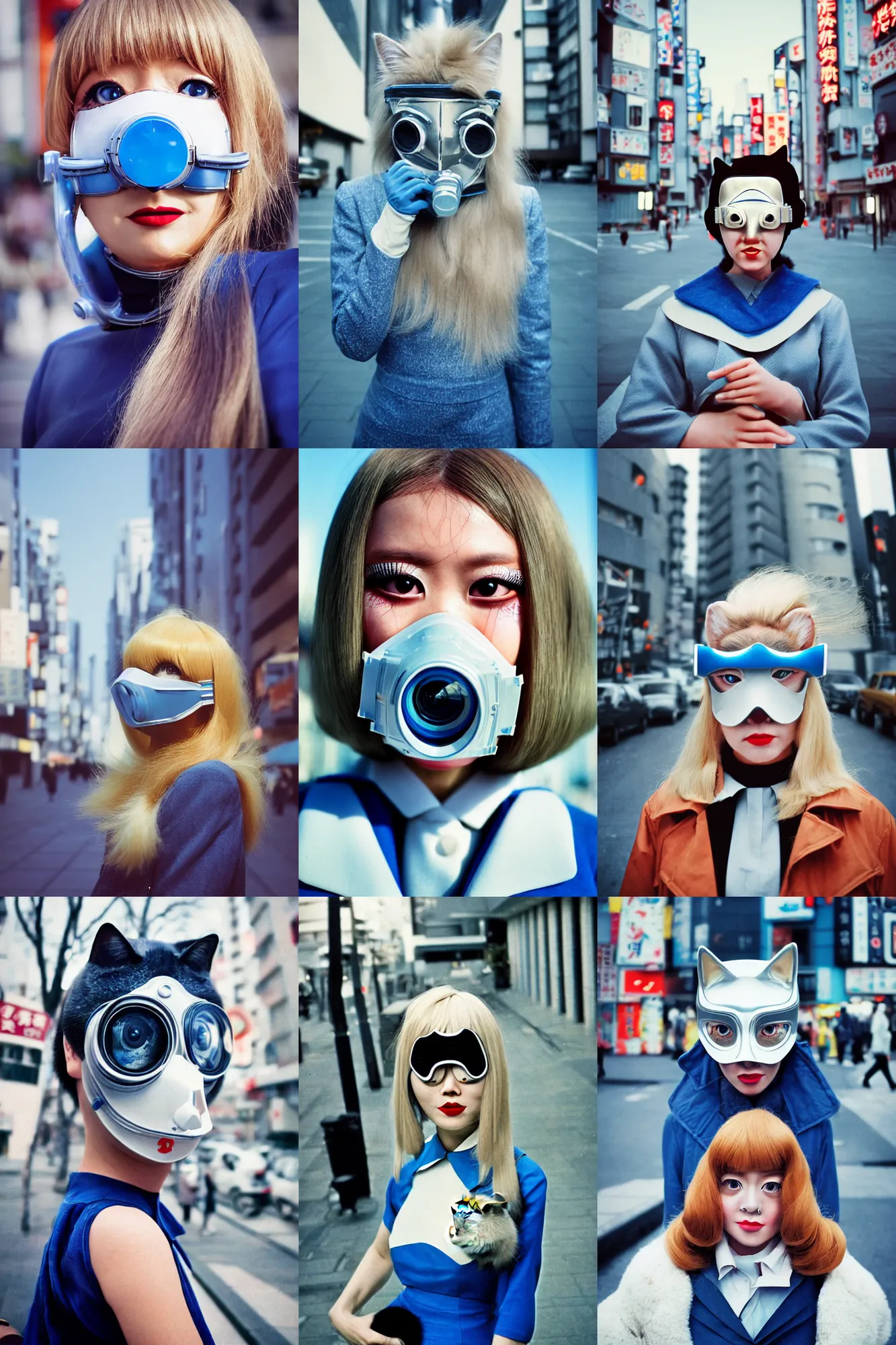 Prompt: !Cinestill 50d!,!8K!,highly detailed: beautiful three point perspective extreme closeup portrait photo in style of 1960s frontiers in cosplay retrofuturism tokyo seinen manga street photography fashion edition, tilt shift zaha hadid style tokyo background, highly detailed, focus on cat mask respirator;blonde hair;blue eyes, clear eyes, soft lighting