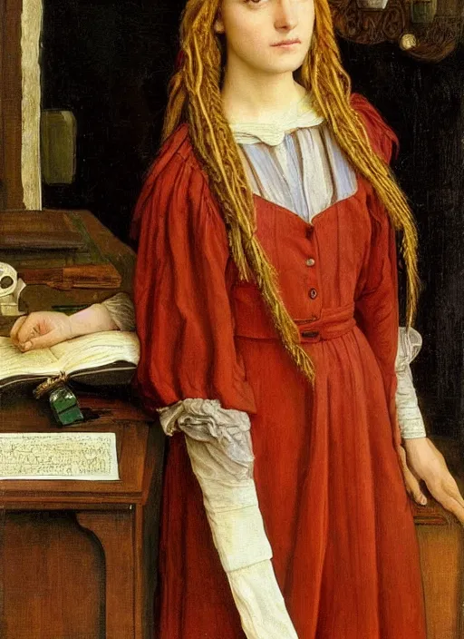 Prompt: Pre-Raphaelite Beautiful young girl doctor with blond dreadlocks in a doctor\'s gown