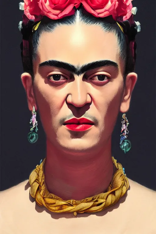 Image similar to portrait of frida kahlo wearing high fashion, staring directly into camera, intricate, elegant, glowing lights, highly detailed, digital painting, artstation, sharp focus, illustration, art by wlop, mars ravelo and greg rutkowski