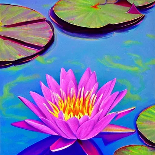 Prompt: waterlily flower, bright colors, painting, detailed, magical environment, peaceful, beautiful, artwork, realistic detail, natural lighting, brush strokes, pintrest, behance