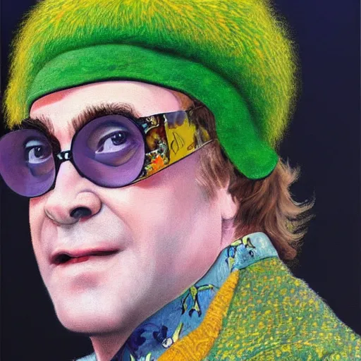 Image similar to elton john lennon wearing an outfit with green apple designs, oil painting, ultradetailed, artstation