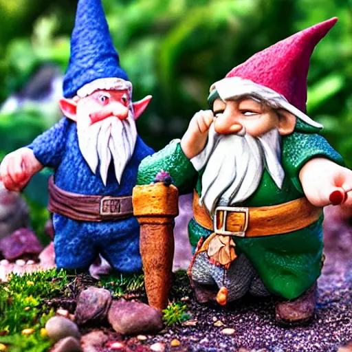 Image similar to garden gnomes bilbo's birthday party, gandalf, fireworks, frodo, pippin, merry, cute, tilt shift, award winning, highly textured