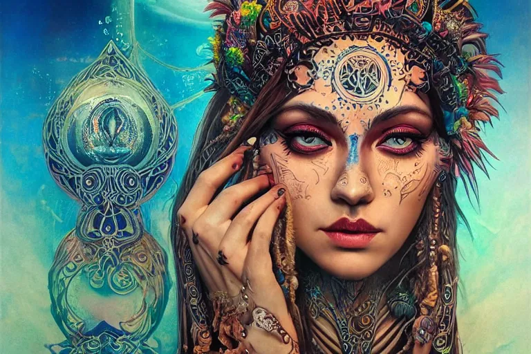 Image similar to a centered full body render of alluring festival hippie goddess with tribal tattoos surrounded by a underwater ink pour and flowing liquid gallium and sacred geometry, perfect face, powerful, cinematic, beautifully lit, by artgerm, by karol bak, by donato giancola, 3 d, trending on artstation, octane render, 8 k