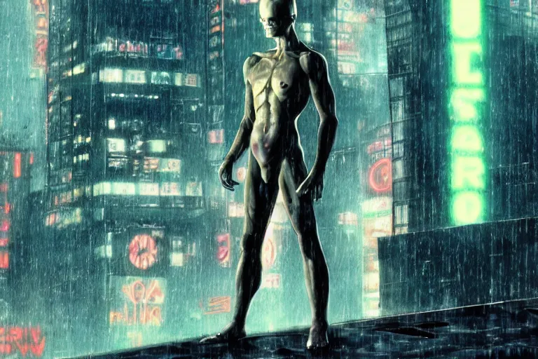 Image similar to roy batty with a bare torso sits in the lotus position with his head bowed in the rain on the roof of a building in the cyberpunk future, around neon signs, a little haze, night, realistic proportions, anime style ghost in armor