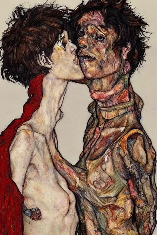 Image similar to two kissing characters in style of herakut and egon schiele, masterpiece, centered, hyperdetailed, complex, intricate, veiled, 4 k, dynamic!! trending on artstation,