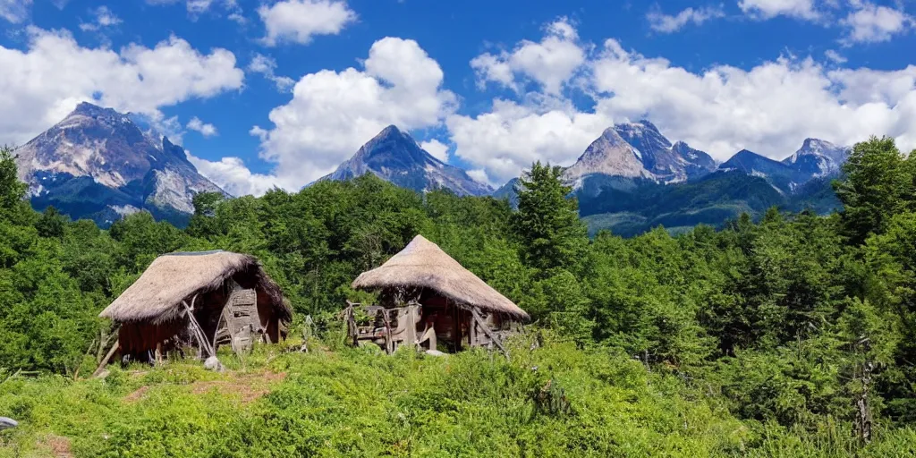 Prompt: a mountain landscape, in summer, with a hut surrounded by woods, blue sky