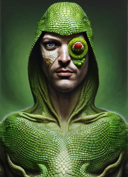 Prompt: an man in a white robe, green skin with lizard scales, different fruits growing on his clothes, intricate, highly detailed, concept art, hyperrealistic, oil painting by greg staples and tristan eaton, 8 k