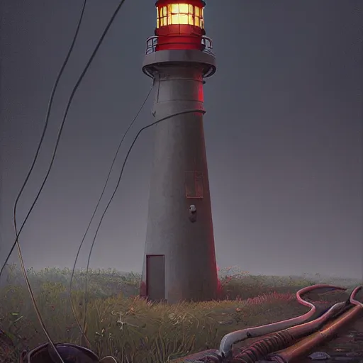 Image similar to lighthouse, mechanic, robotic, abandoned, overgrown, cables by simon stalenhag