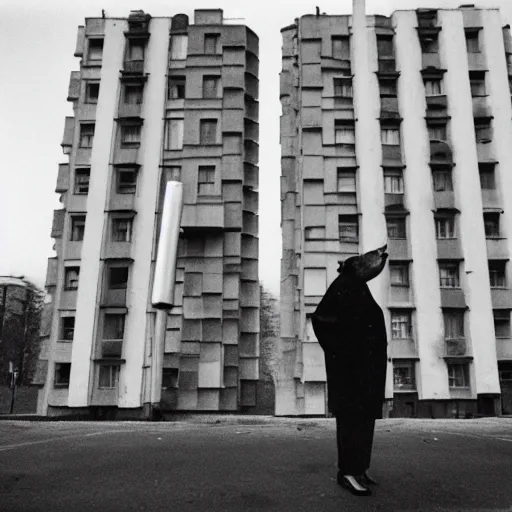 Prompt: anthropomorphic badger smoking in post - soviet russia in front of brutalist bloc apartments, 3 5 mm film, black and white photo