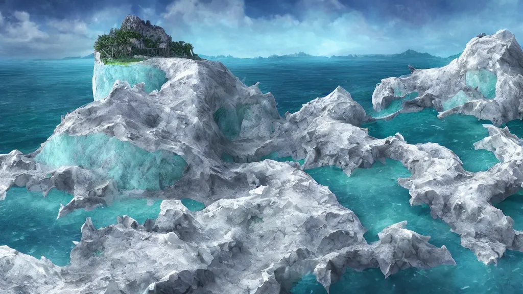 Image similar to fantasy desiccated crystal island, covered in salt, viewed from the ocean, high quality digital art, high detail, trending on artstation