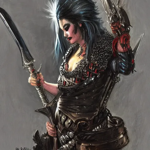 Image similar to portrait of a waifish punk goth wearing armor and holding sword by frank fazetta, fantasy, barbarian