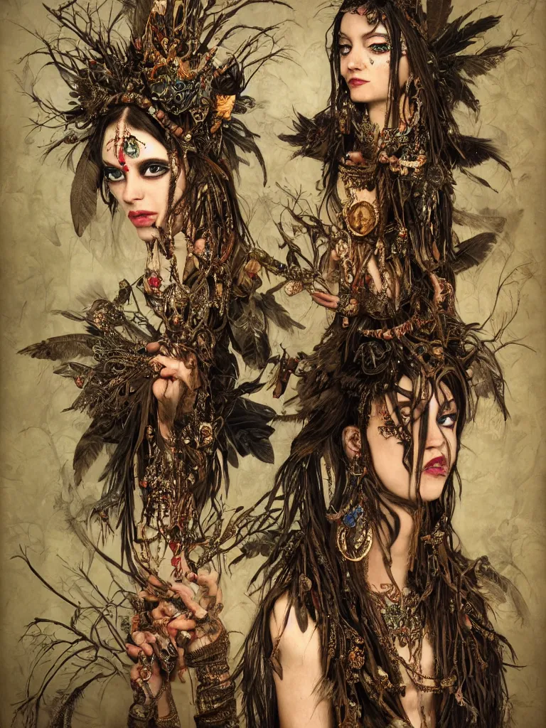 Prompt: a centered portrait of a dark tribal fairy with face tatoos wearing ornate and intricate jewellery made from sticks and feathers and leaves and jewels | Photorealistic, Detailed, Realism, Fantasy, Voluemetric Lighting, Global Illumination, Subsurface Scattering, Photographic Color Scheme blur, by Karol Bak:10, by brian froud:5, by beeple:3, HD | trending on artstation