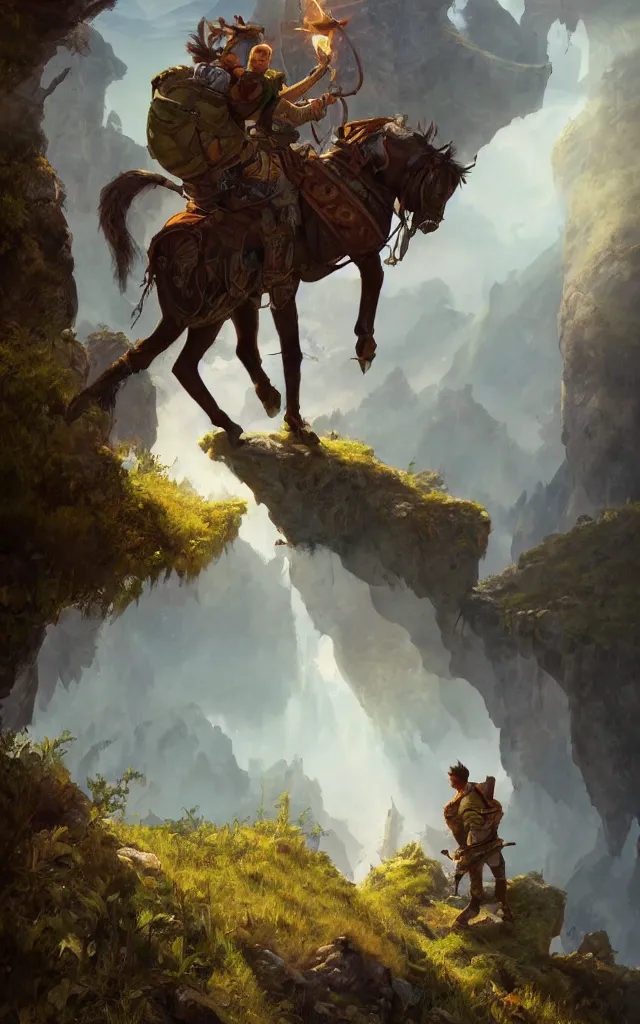 Image similar to an oil art painting of young handsome fool adventurer with adventurer hiking backpack, grim gwent card, gipsy mage adventurer character design from inquisition, climbing up a cliffside, 4 k, ultra detail, volumetric lighting, unreal engine, octane render, by tom bagshaw, artgerm