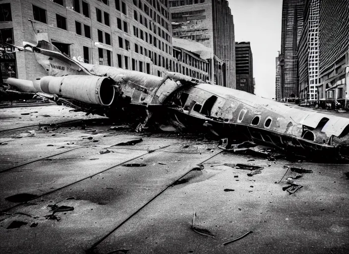 Image similar to black and white photograph of a crashed military jet in downtown kansas city missouri, rainy and foggy