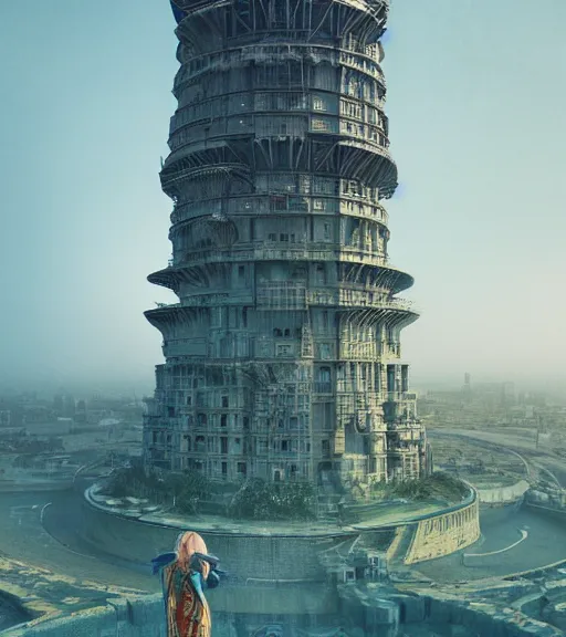 Prompt: colored, tarkovsky, majestic ancient tower of babylon city, a woman in cyber clothing, hyperrealistic, by ash thorp, full color, cyber architecture, intricate, corona render, concept art, hyper - detailed, smooth, masterpiece, epic, cinematic, high quality