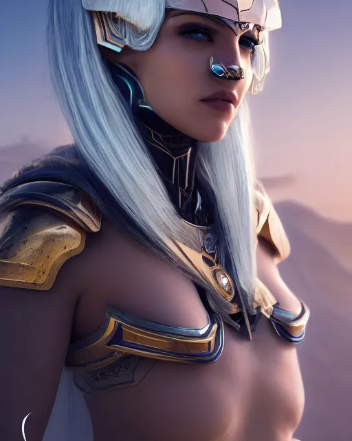 Image similar to girl in egypt, egyptian cyborg armor, white hair, atmosphere, gold, detailed, intricate, desert, beautiful face, cinematic lighting, trending on artstation, blue eyes, 4 k, focused, extreme details, cinematic, masterpiece, by akihito tsukushi