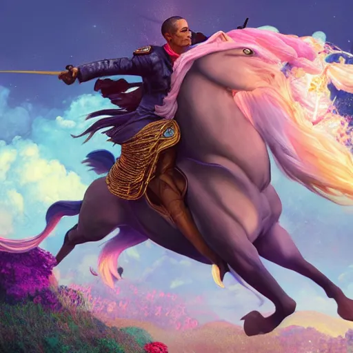 Prompt: obama riding on a unicorn, au naturel, hyper detailed, digital art, trending in artstation, cinematic lighting, studio quality, smooth render, unreal engine 5 rendered, octane rendered, art style by klimt and nixeu and ian sprigger and wlop and krenz cushart.