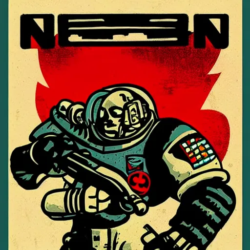 Prompt: pin-up art of a space marine riding a nuclear bomb vintage colours by mcbess