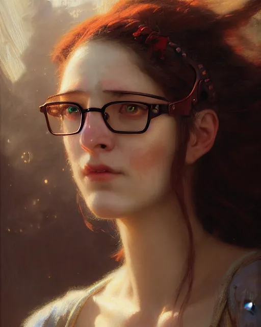 Image similar to a face portrait of geek girl, high detail, cleary see face, by gaston bussiere, bussiere rutkowski andreas rocha, bayard wu, greg rutkowski, odd nerdrum, maxim verehin, dan dos santos, masterpiece, sharp focus, cinematic lightning