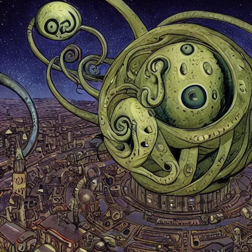 Image similar to a spherical eldritch horror with multiple eyestalks and a large central eye floating in the air above a fantasy medieval city