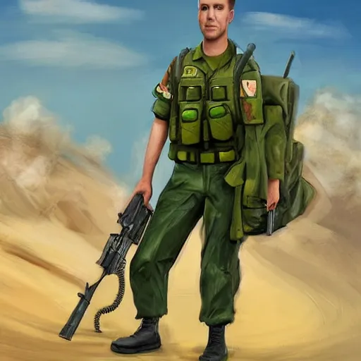 Image similar to realistic painting of spongebob as a soldier in the israeli defense force, wearing a green idf uniform, smoking a cigarette, standing in the desert, highly detailed, photorealistic, intricate, digital art, trending on artstation