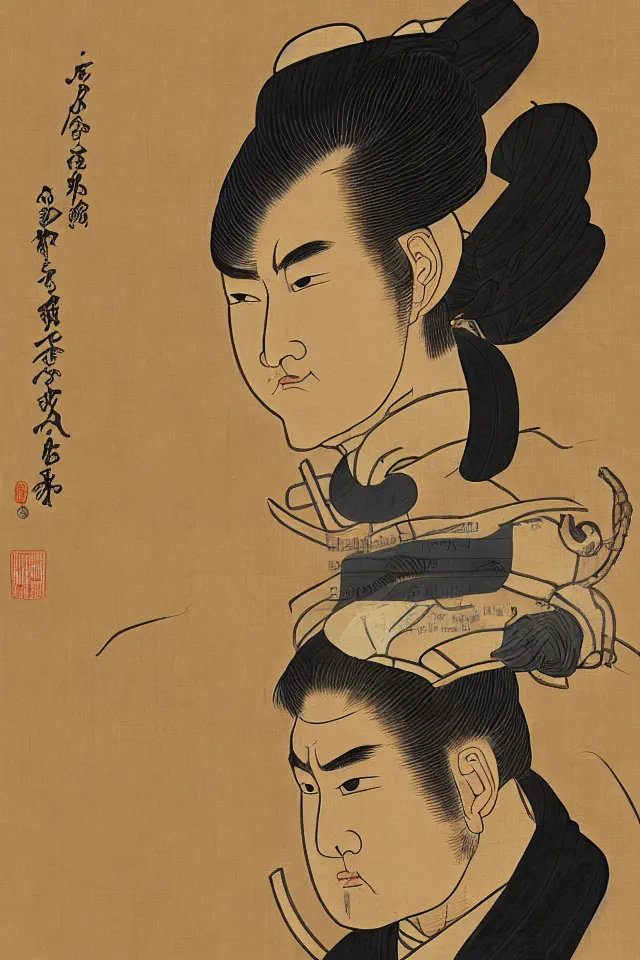 Image similar to a portrait of chow yun - fat in samurai armor, in the art style of ukiyo - e, sengoku - era art style, artistic 4 k