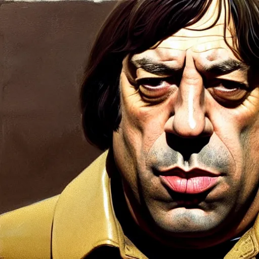 Image similar to portrait of javier bardem as anton chigurh in no country for old men. 7 0 s clothes and environment. flat colours. neutral menacing stare. oil painting by lucian freud. path traced, highly detailed, high quality, j. c. leyendecker, drew struzan tomasz alen kopera, peter mohrbacher, donato giancola