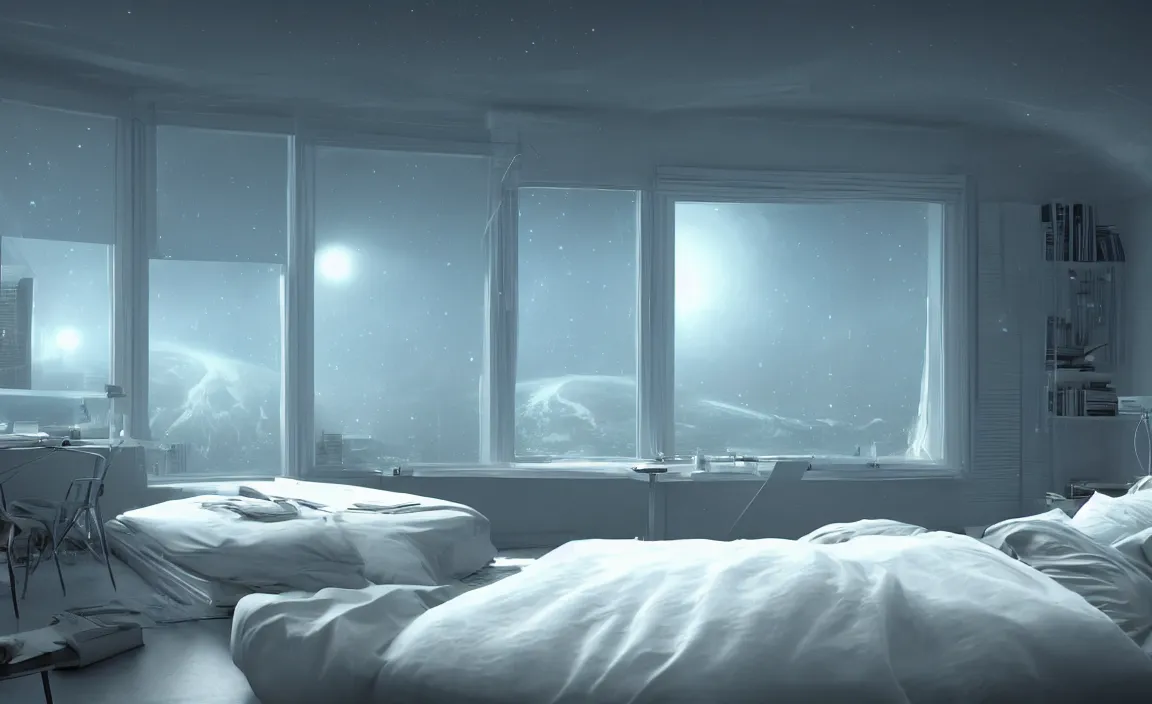 Prompt: in a bedroom, white bed, desk, computer, warm light, floor to ceiling window, the nightsky outside the window. future science fiction. game cg, hyperdetailed, trending on cgsociety