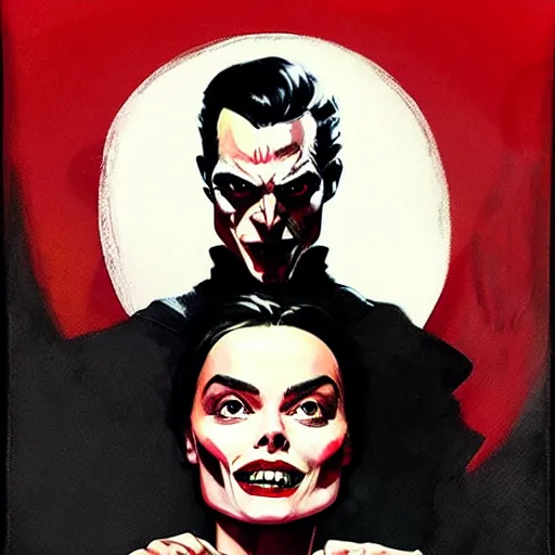 Image similar to Rafael Albuquerque art, Norman Rockwell, pretty Margot Robbie vampire sharp teeth evil smile, 5 long sharp fingers, symmetrical face symmetrical eyes, leather jacket, jeans