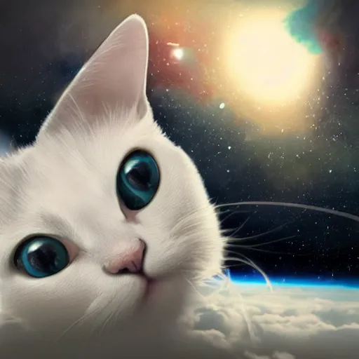 Image similar to cute little white cat in space with big eyes, hyper realistic, natural light, cozy atmospheric and cinematic lighting