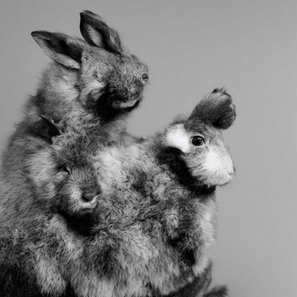 Prompt: rare classified photo, black & white, studio lighting, a short buffalo rabbit, real fur, real skin