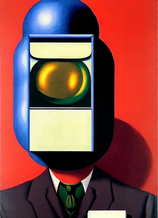 Image similar to ( ( ( ( ( retro futuristic super spy in mask with ray gun. ) ) ) ) ) by rene magritte!!!!!!!!!!!!!!!!!!!!!!!!!!!!!!