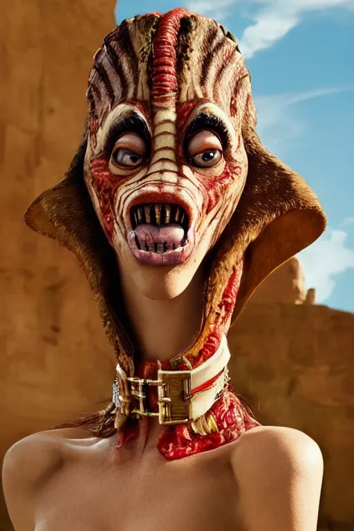 Image similar to dolce & gabbana campaign featuring jar jar binks as a female cowgirl, long eyeslashes, huge juicy lips, big seductive eyes, unprocessed colors, # nofilter, realistic vfx simulation