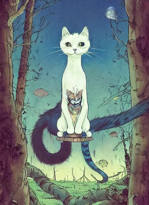 Image similar to a hyper realistic ink cat and the meaning of life and sunbeams blue sky, lush forest comic by chiara bautista and norman rockwell and greg rutkowski weta studio, and lucasfilm