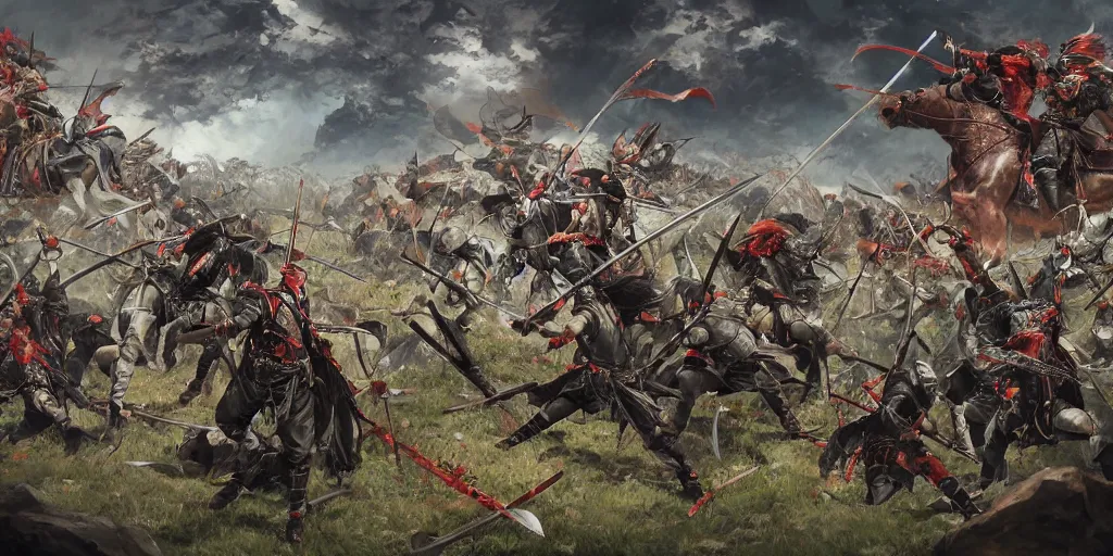 Image similar to a epic and fantasy concept art of battle of sekigahara, shimazu samurai, by tsuyoshi nagano, akihiko yoshida, aion, hyperdetailed, 8 k realistic, symmetrical, wallpaper, long shot, frostbite 3 engine, cryengine, dof, trending on artstation, digital art