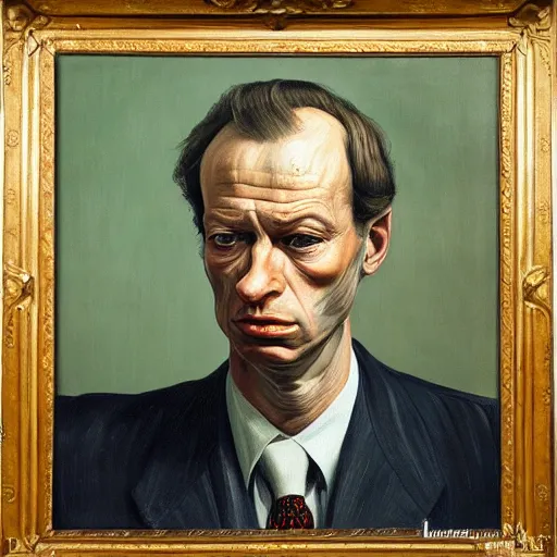 Prompt: Oil painting Portrait of a man in a business suit by Lucian Freud, Abstract brush strokes, Masterpiece, Edward Hopper and James Gilleard, Zdzislaw Beksinski, Mark Ryden, Wolfgang Lettl highly detailed, hints of Yayoi Kasuma