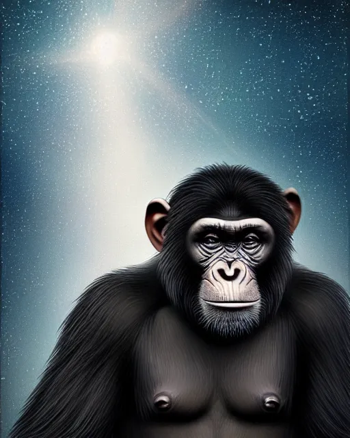 Image similar to very detailed high resolution illustration of a mystical chimpanzee, backlit, stars, night, surrounded, 3 d, 8 k, extremely detailed, artstation, award winning