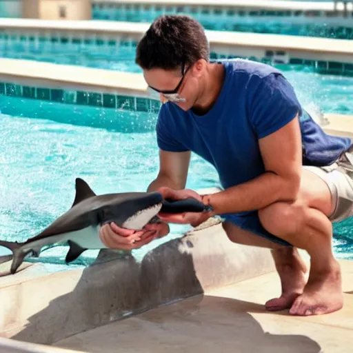 Image similar to a man feeding a shark in a pool