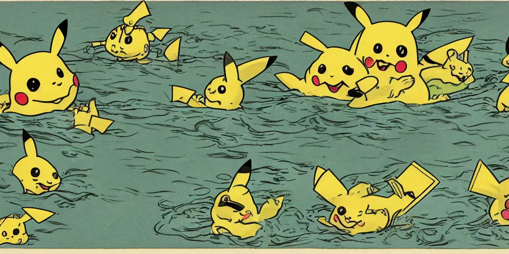 Image similar to a flat illustration of several pikachus swimming in a wide pool together, vaudevillian, from 1890, nostalgic, detailed, vignette, high quality scan, yellow and green