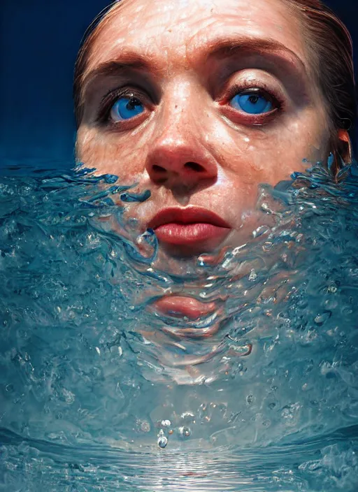 Image similar to beautiful extreme closeup portrait of a woman fully submerged ecxept of the top of his head, horrified look in his eyes, water reflection, sigma 85mm, highly detailed, soft lighting, elegant,sigma 85mm, Edward Hopper and James Gilleard, Zdzislaw Beksinski, Steven Outram, highly detailed