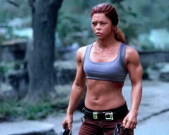 Image similar to a still of full body Elena, of Street Figther, in the movie Hard Target (1993), HDR, high quality, 8k, highly detailed and intricate,
